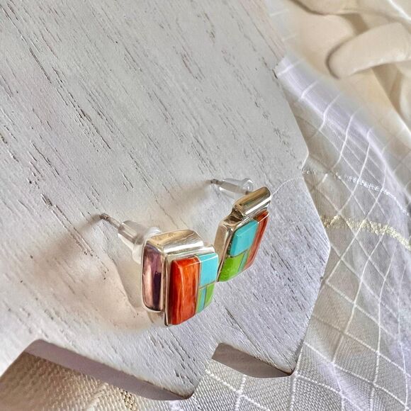 VTG A Francisco Native Navajo Spiny Oyster Turquoise Sterling Vintage Earrings - Picture 6 of 10